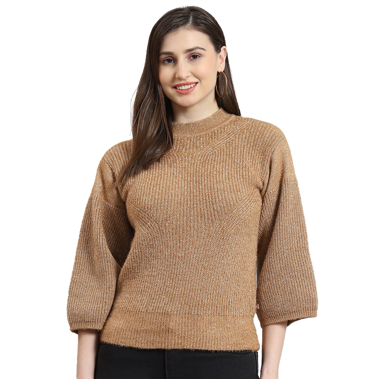 Women Brown Self Design Round Neck 3/4th Sleeve Sweater