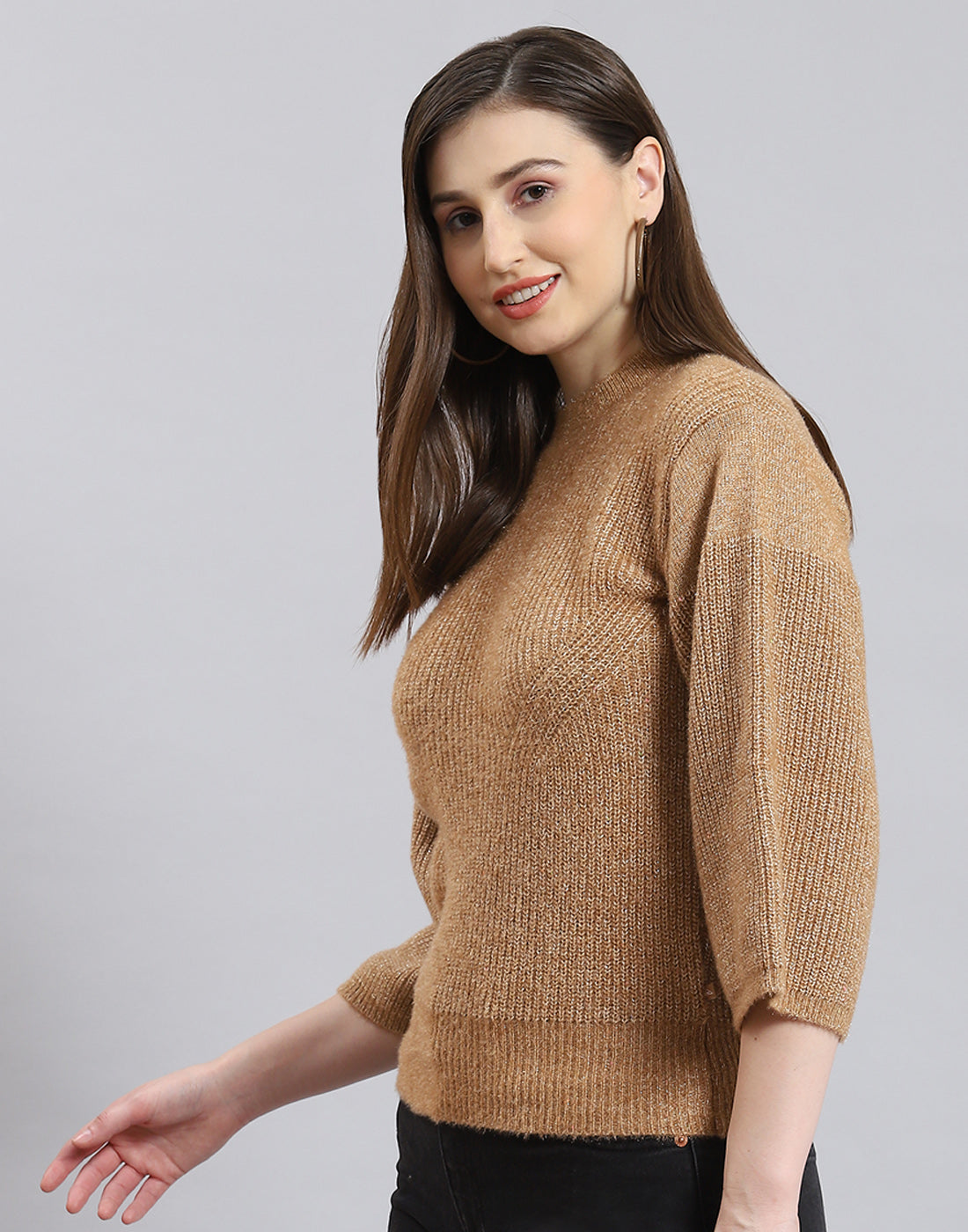 Women Brown Self Design Round Neck 3/4th Sleeve Sweater