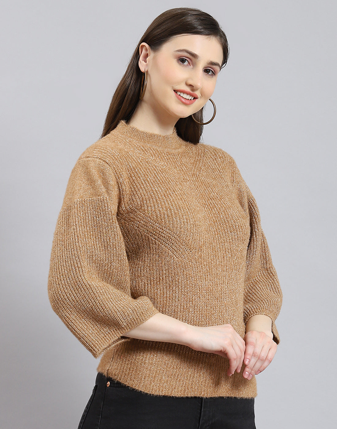 Women Brown Self Design Round Neck 3/4th Sleeve Sweater