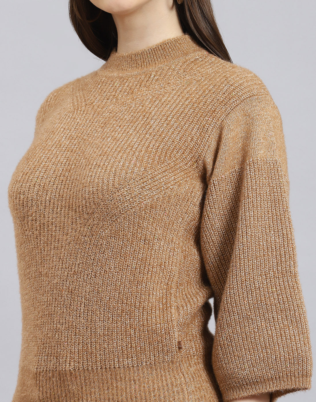 Women Brown Self Design Round Neck 3/4th Sleeve Sweater