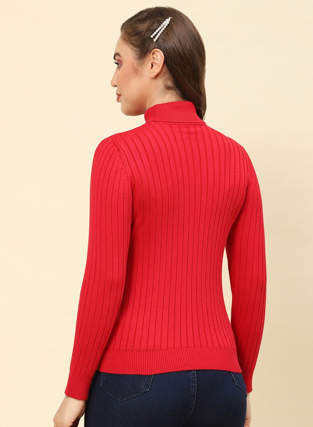 Women Red Self Design Blend wool Winter Top