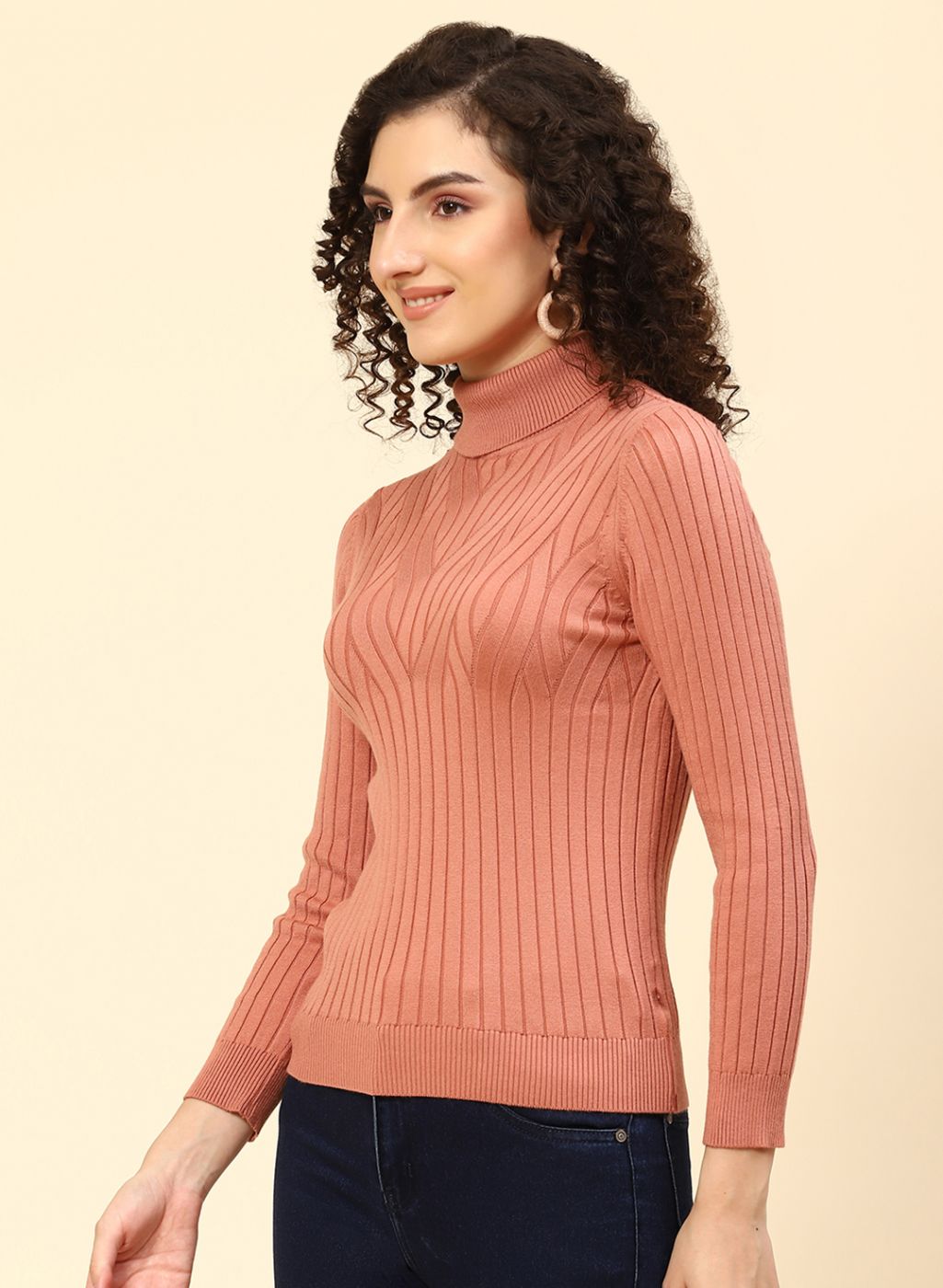 Women Peach Self Design Wool blend Top