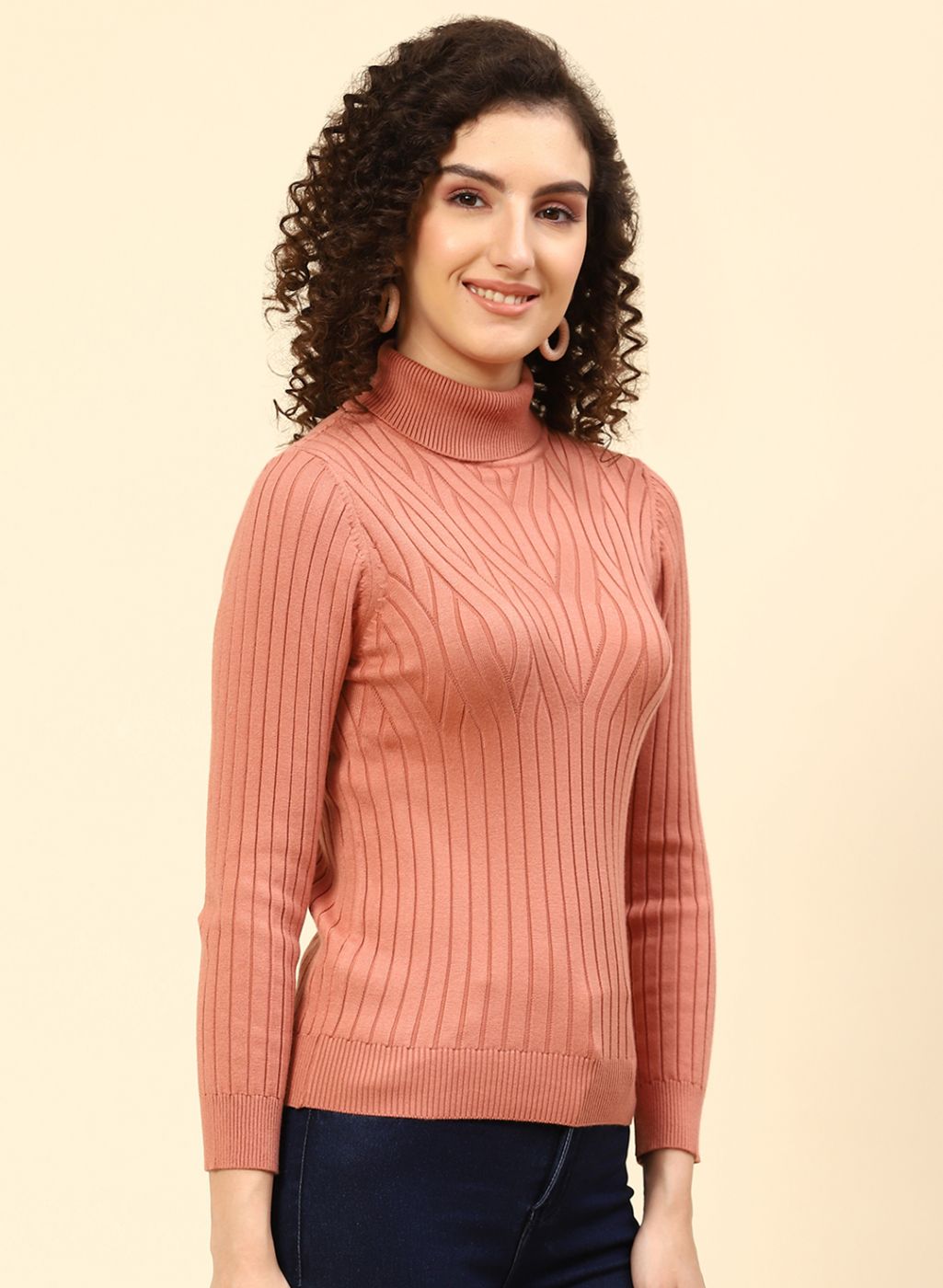 Women Peach Self Design Wool blend Top