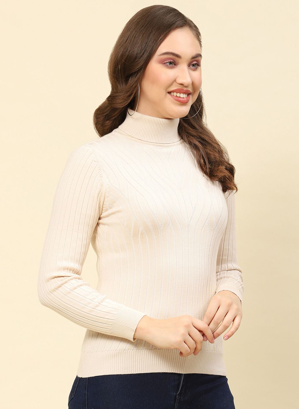 Women Beige Self Design Blend wool Winter Top