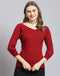 Women Maroon Solid V Neck 3/4 Sleeve Top