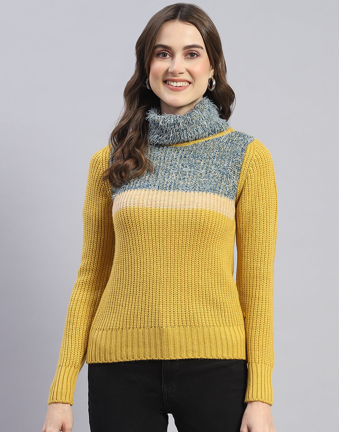 Women Yellow Solid H Neck Full Sleeve Sweater