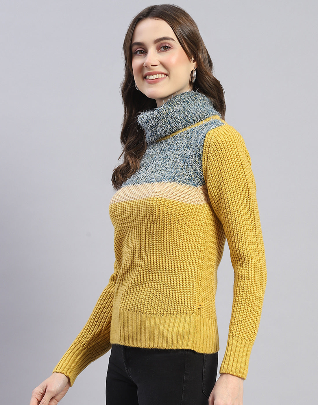 Women Yellow Solid H Neck Full Sleeve Sweater