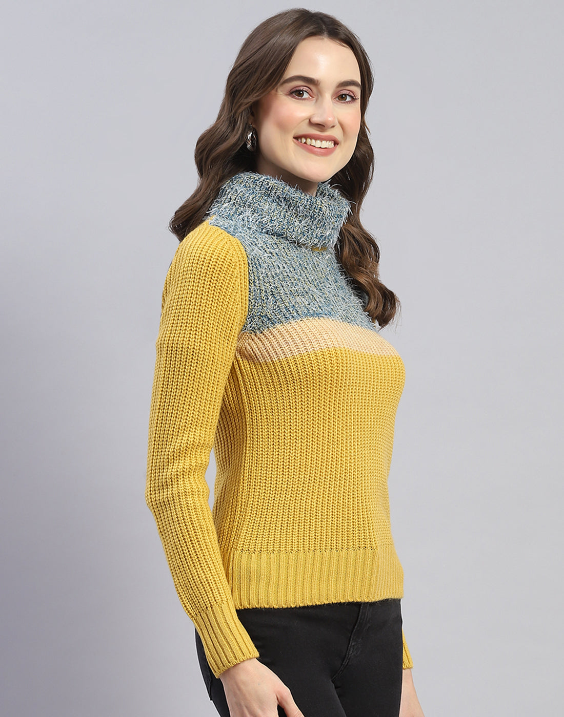 Women Yellow Solid H Neck Full Sleeve Sweater