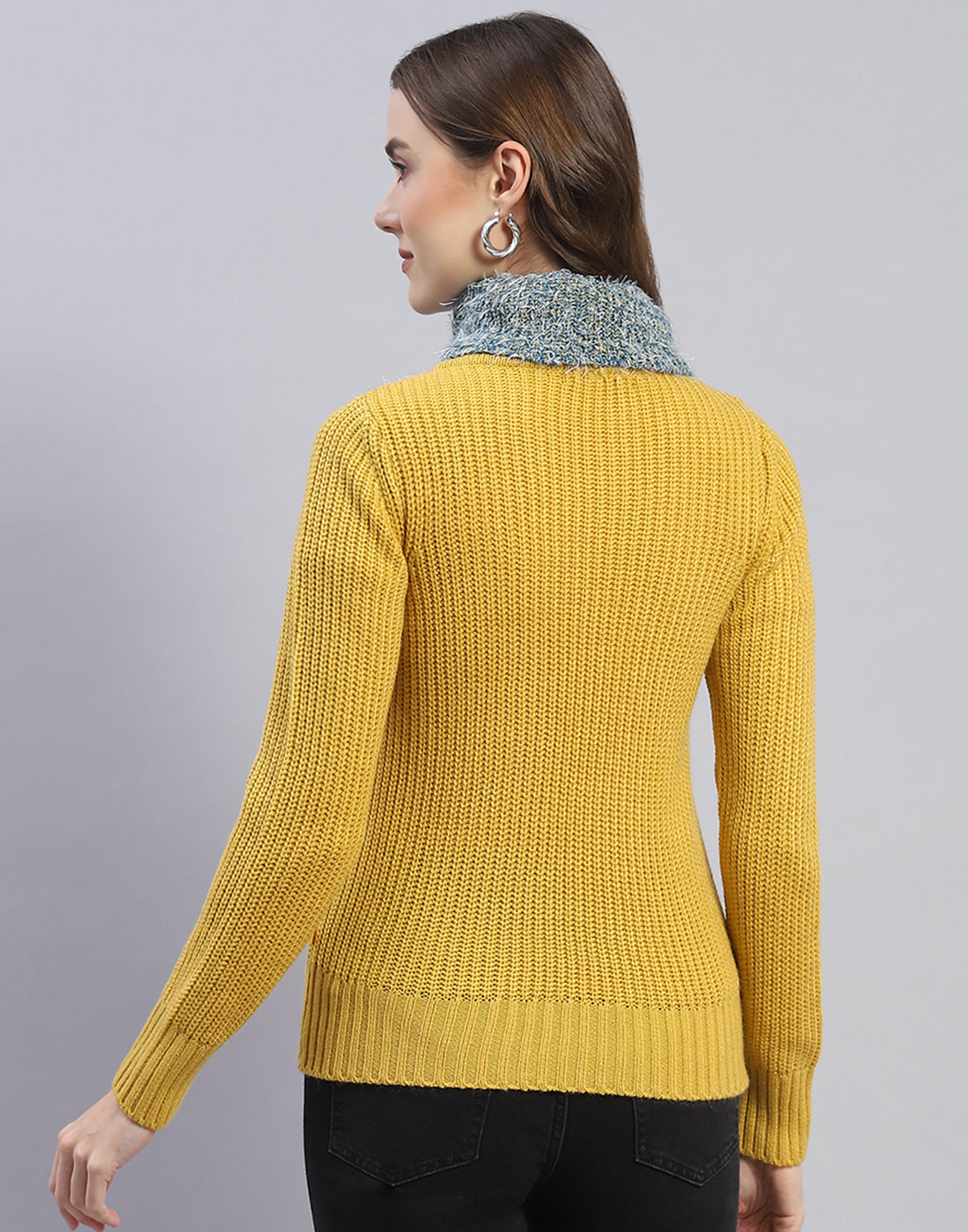 Women Yellow Solid H Neck Full Sleeve Sweater