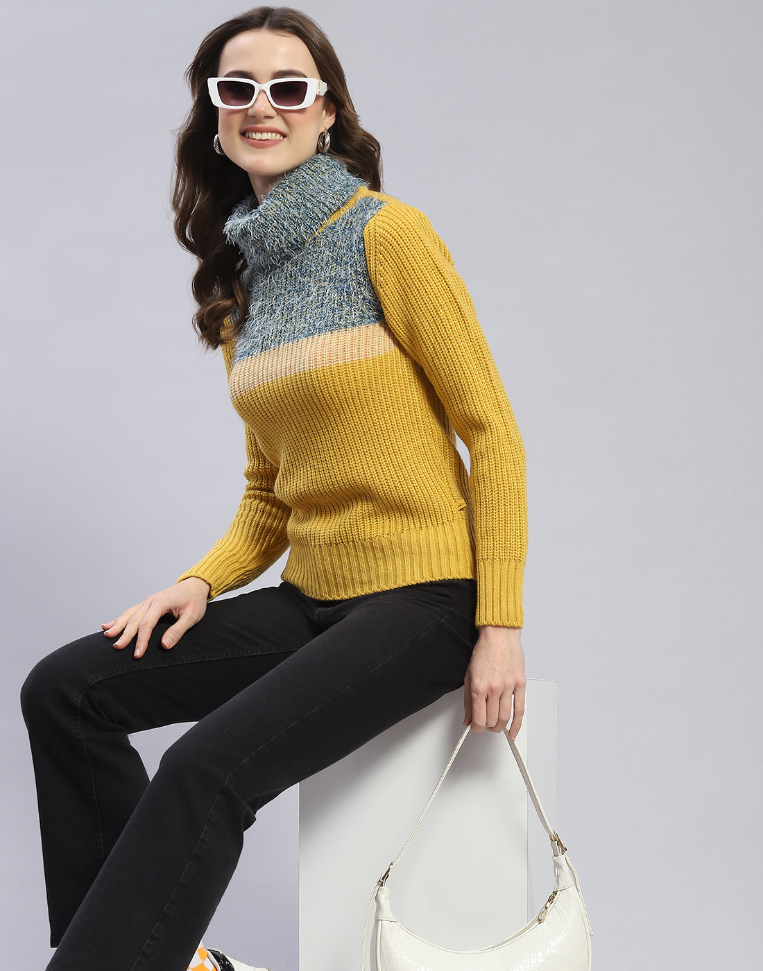 Women Yellow Solid H Neck Full Sleeve Sweater