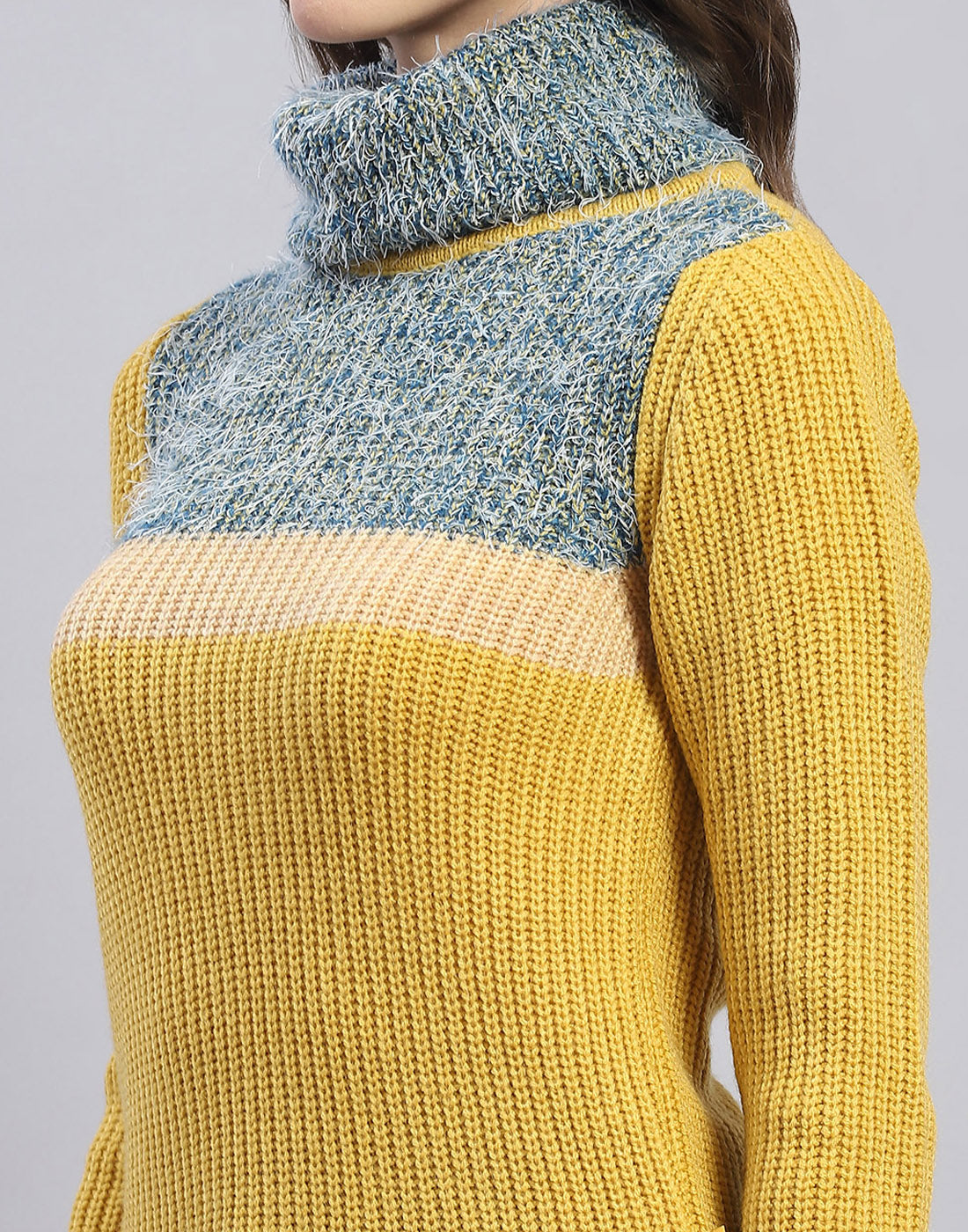 Women Yellow Solid H Neck Full Sleeve Sweater