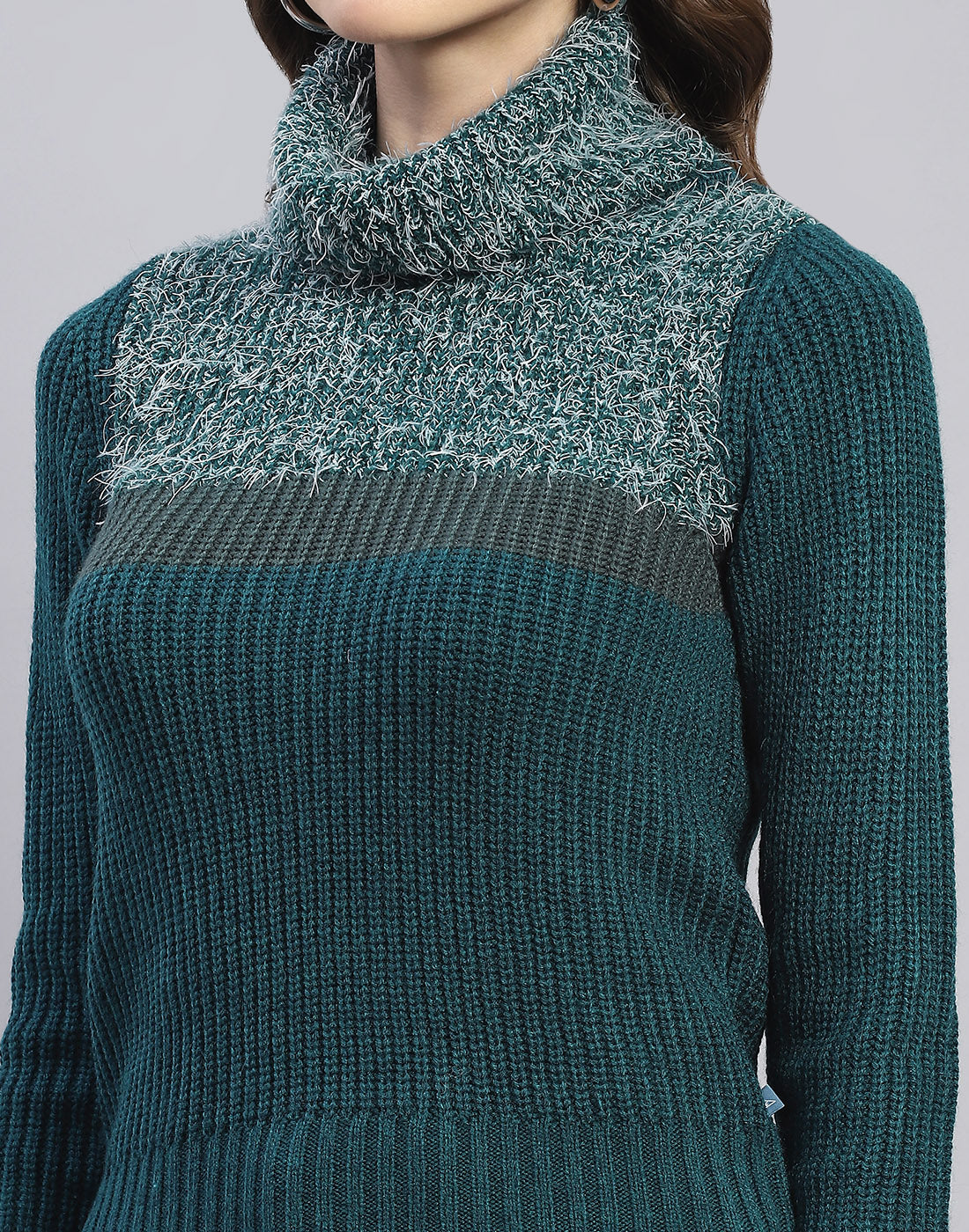 Women Teal Blue Solid H Neck Full Sleeve Sweater