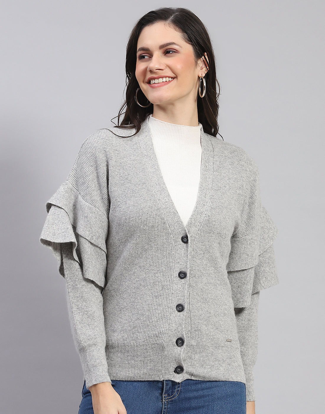 Women Grey Solid V Neck Full Sleeve Cardigan