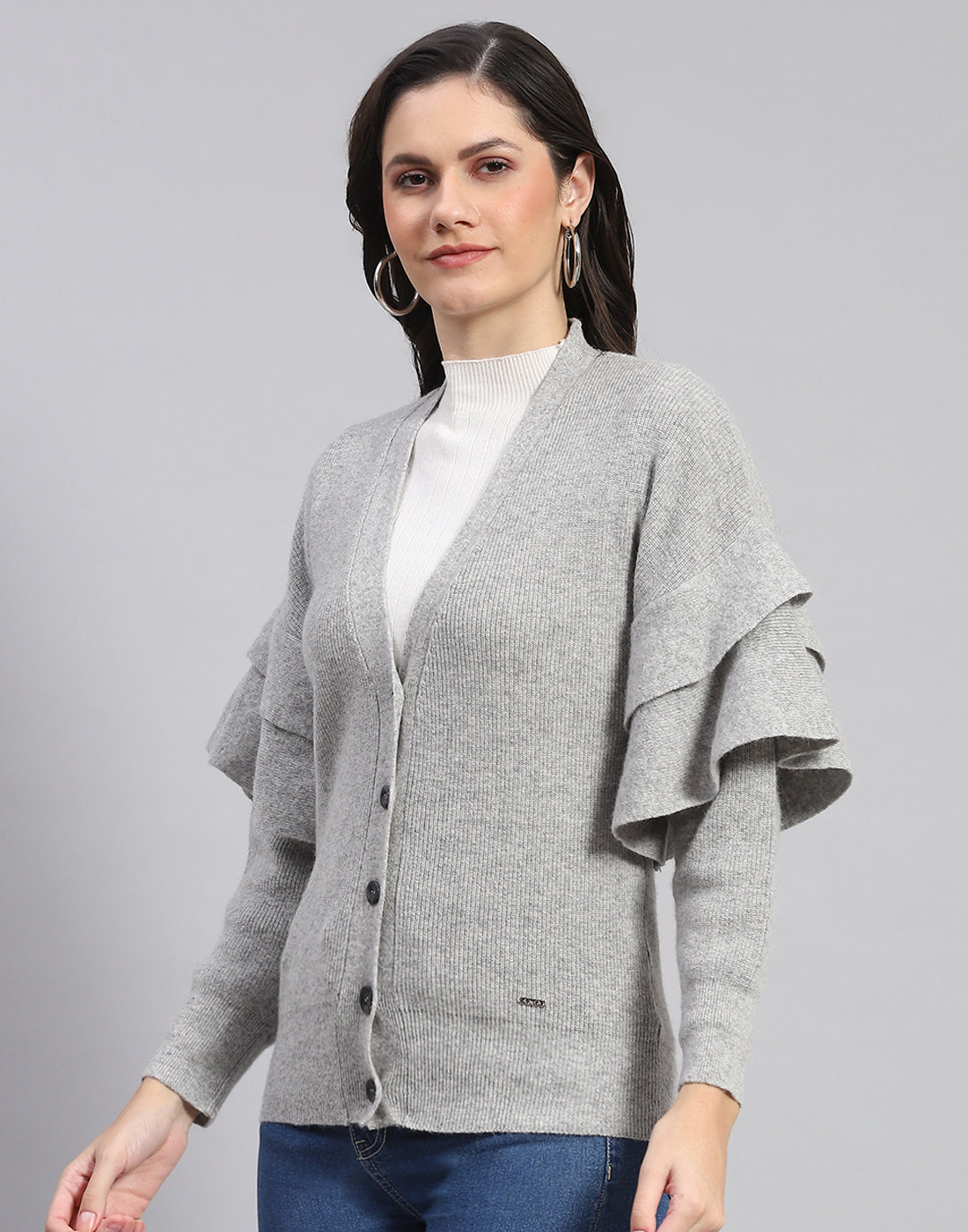 Women Grey Solid V Neck Full Sleeve Cardigan