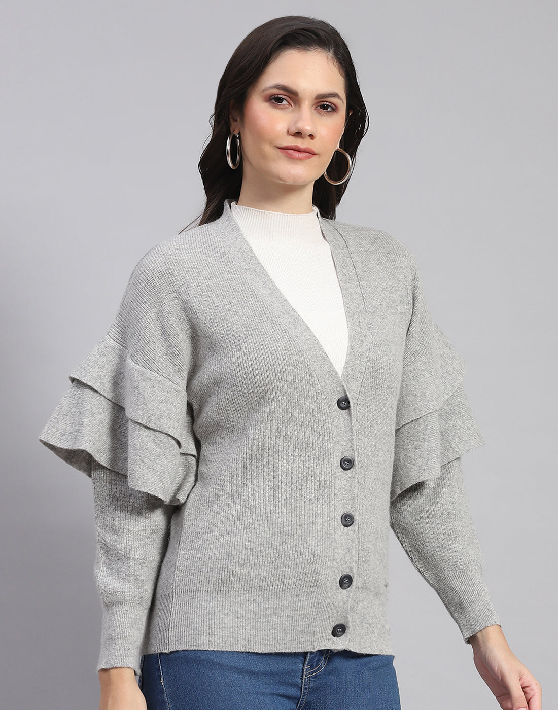 Women Grey Solid V Neck Full Sleeve Cardigan