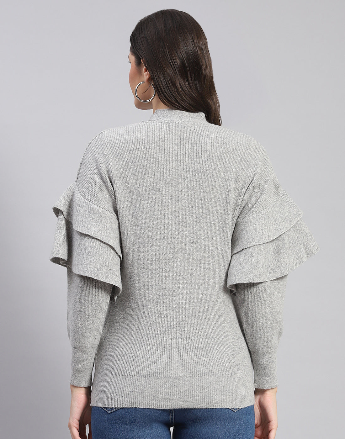 Women Grey Solid V Neck Full Sleeve Cardigan