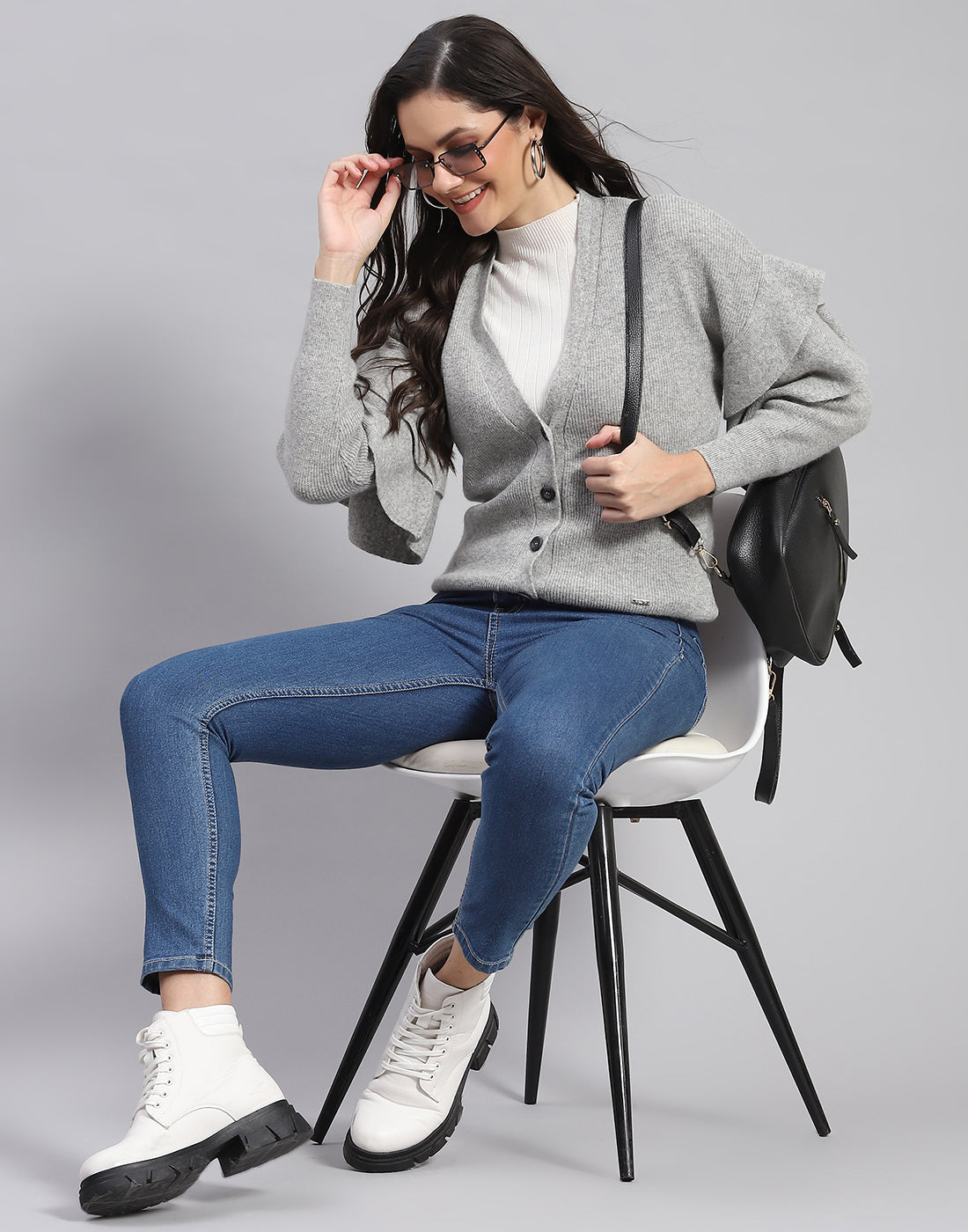 Women Grey Solid V Neck Full Sleeve Cardigan