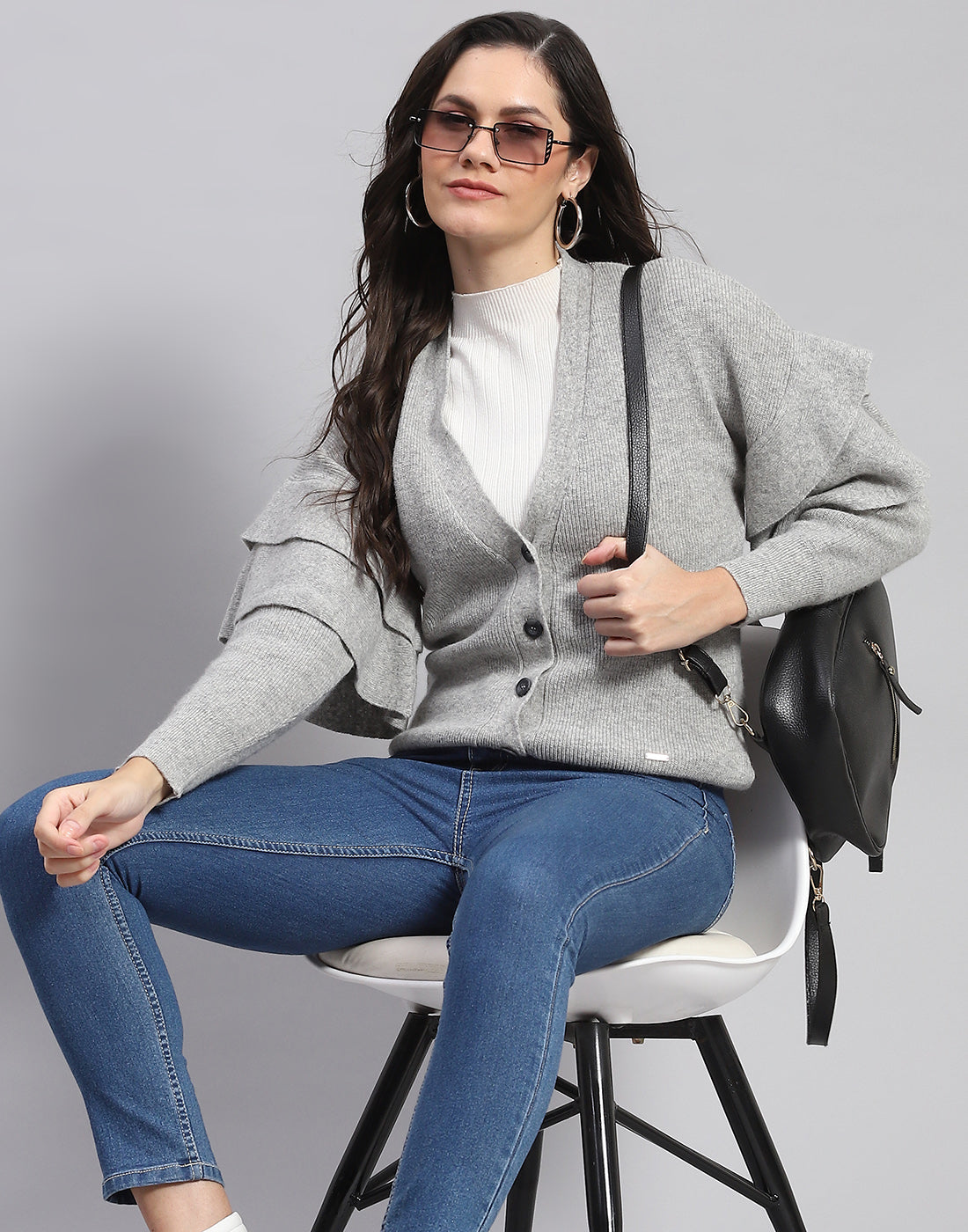 Women Grey Solid V Neck Full Sleeve Cardigan