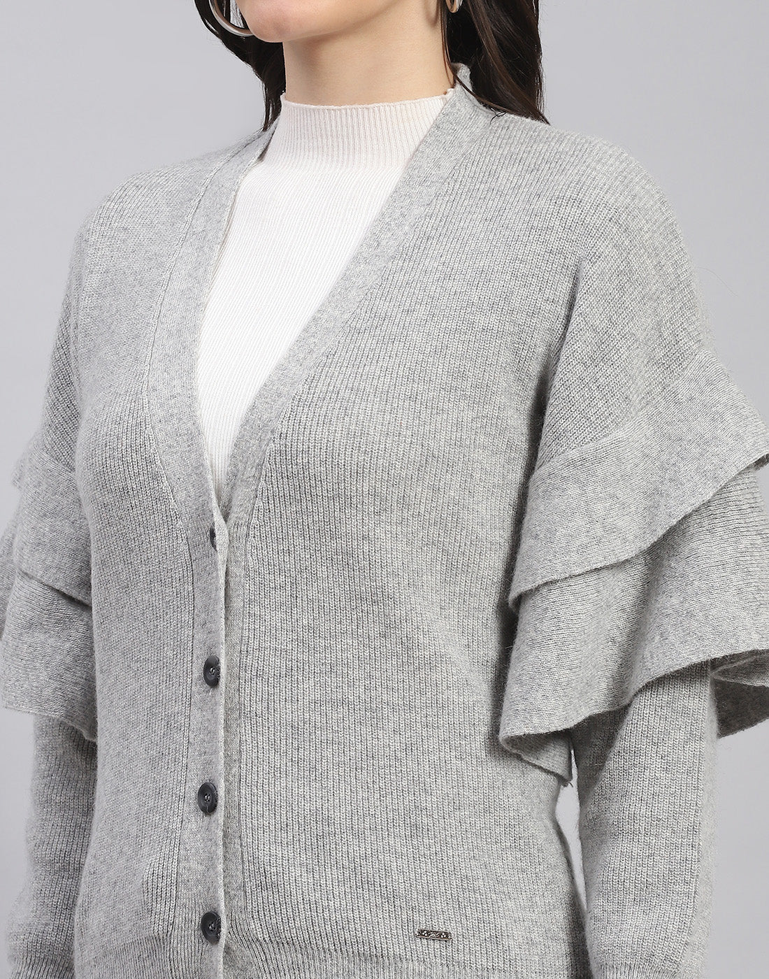 Women Grey Solid V Neck Full Sleeve Cardigan