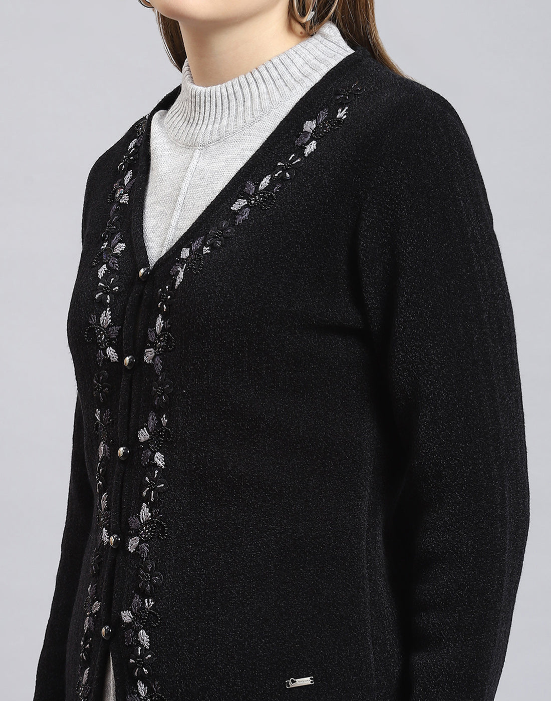 Women Black Embellished V Neck Full Sleeve Cardigan