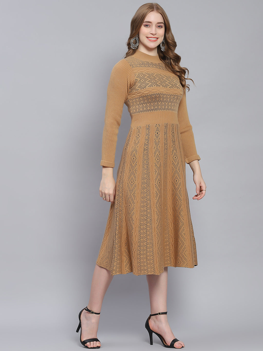 Split Knitted Dress 2022 Autumn Winter Hollow Woolen Long Sleeve Dresses  Women Office Lady Knee-Length