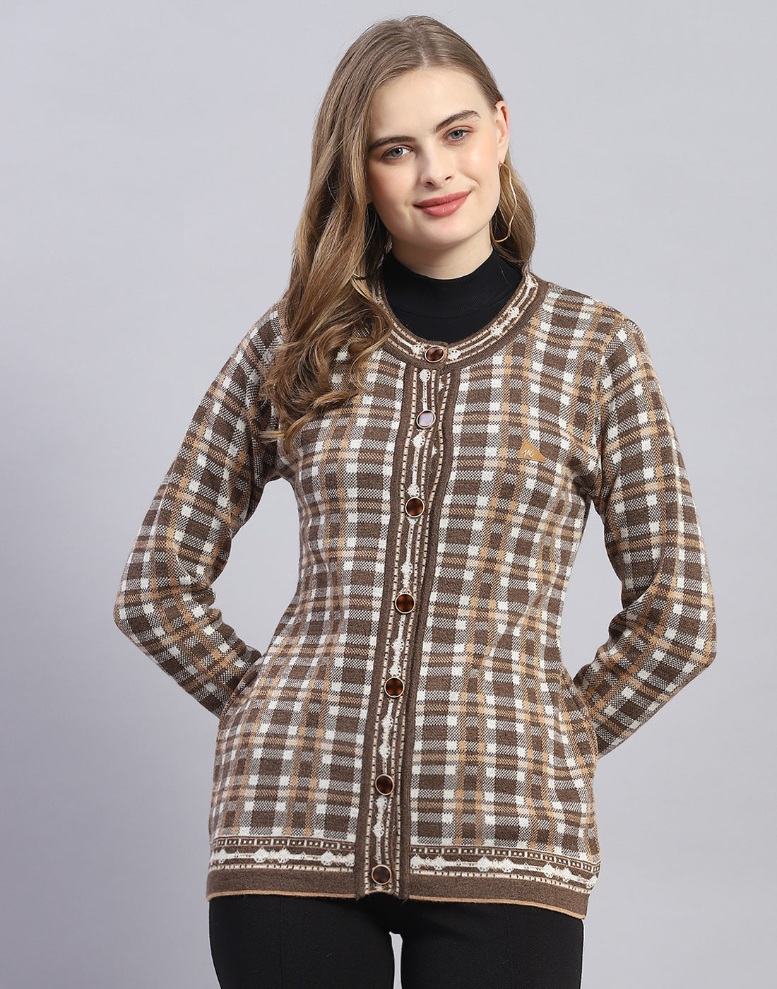 Women Brown Check Round Neck Full Sleeve Cardigan