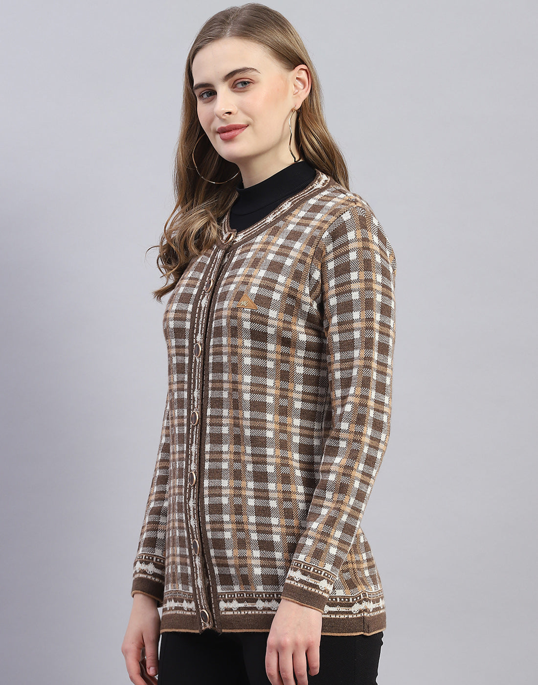 Women Brown Check Round Neck Full Sleeve Cardigan