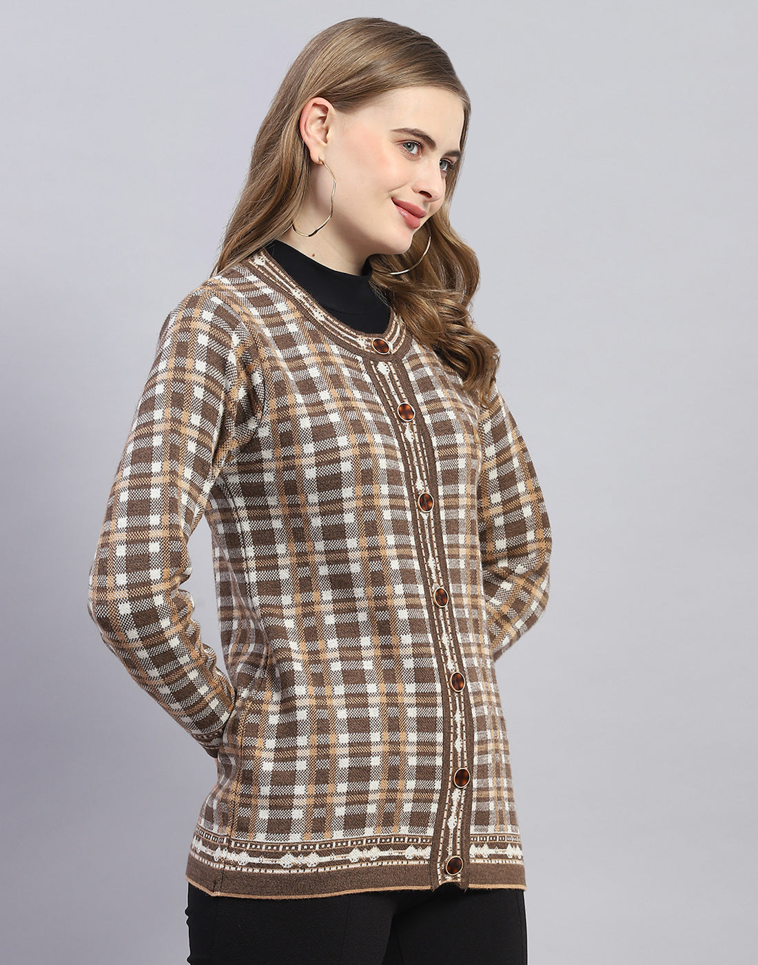 Women Brown Check Round Neck Full Sleeve Cardigan