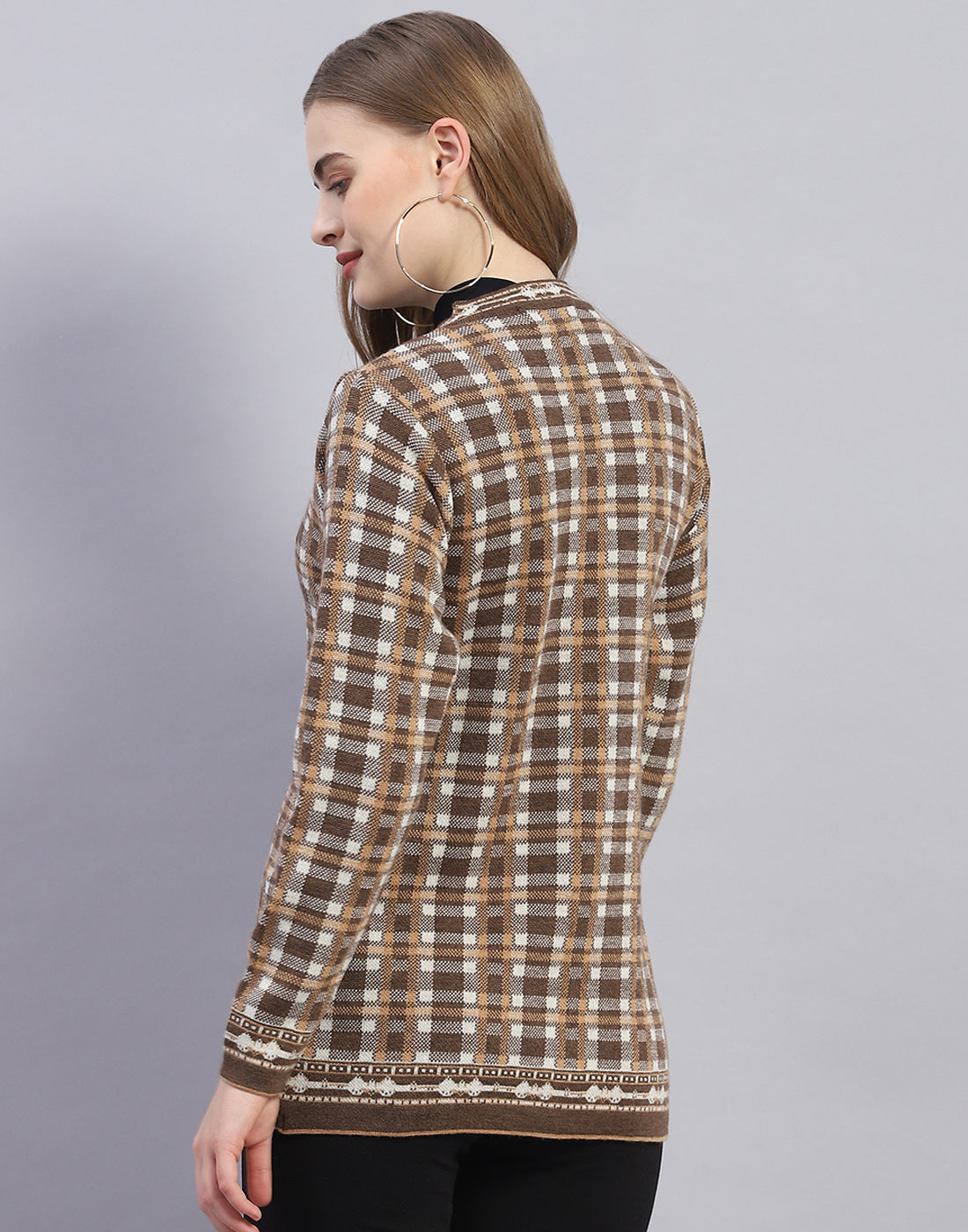 Women Brown Check Round Neck Full Sleeve Cardigan