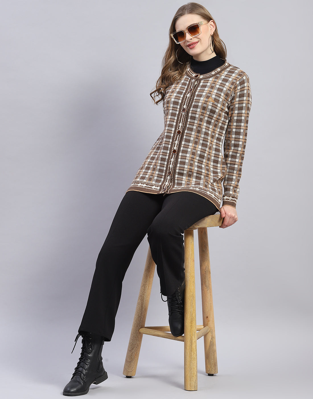 Women Brown Check Round Neck Full Sleeve Cardigan