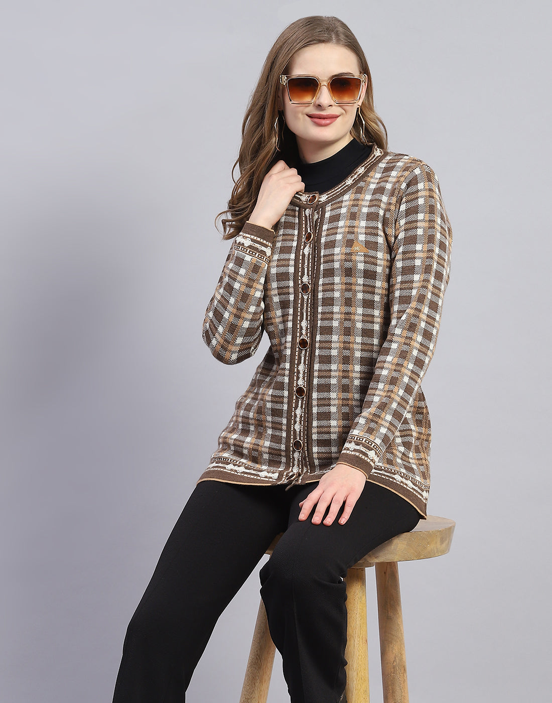 Women Brown Check Round Neck Full Sleeve Cardigan