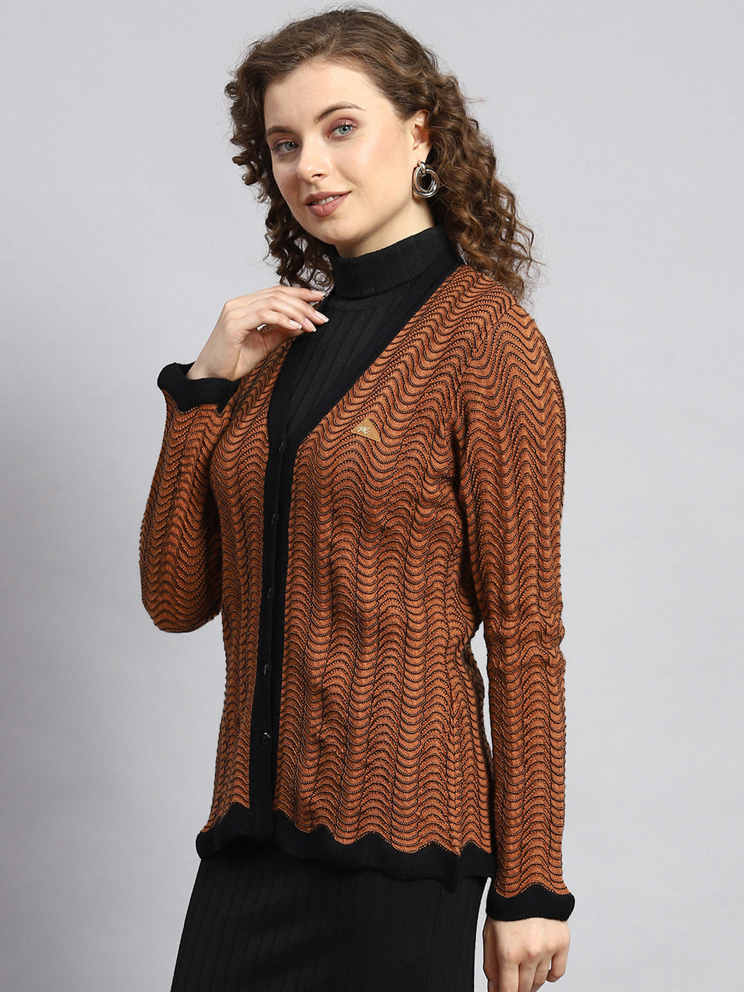 Women Brown Jaquard Cardigan