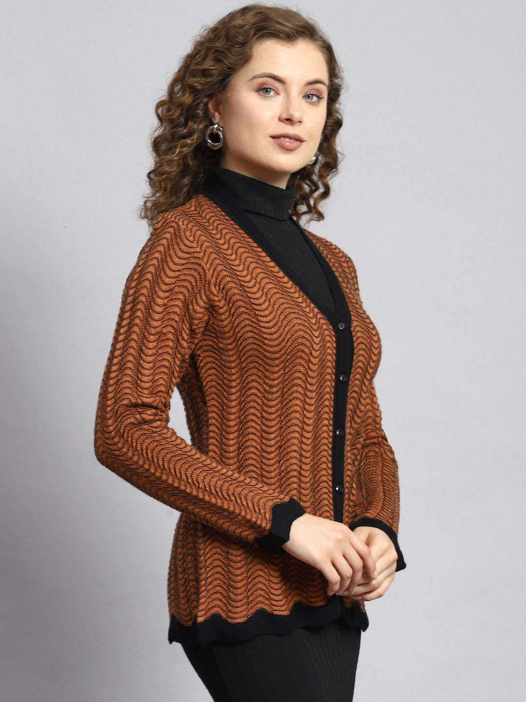 Women Brown Jaquard Cardigan