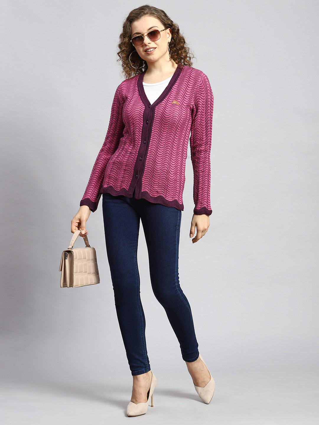 Women Pink Jaquard Cardigan