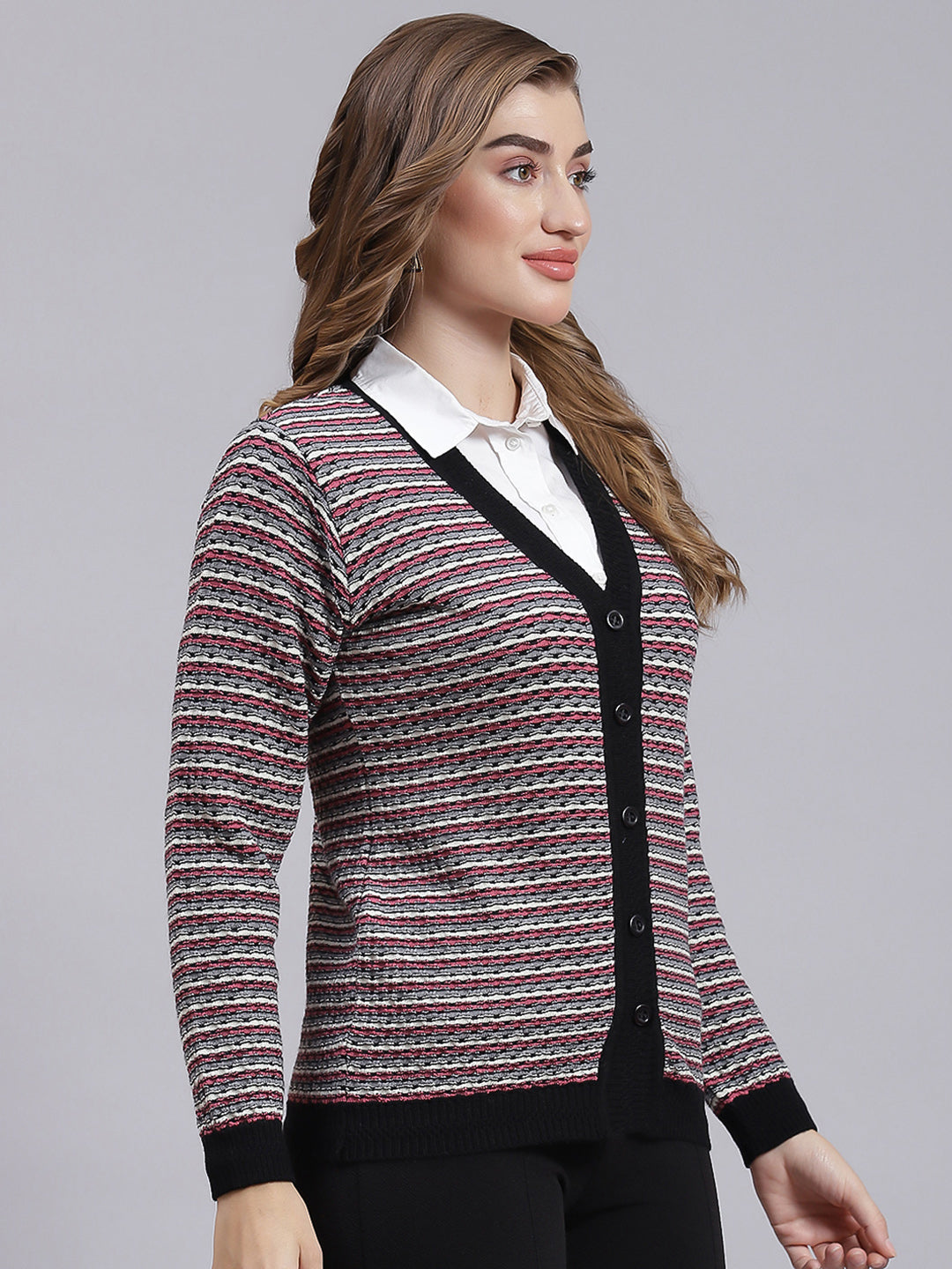 Women Black Jaquard Pure wool Cardigan