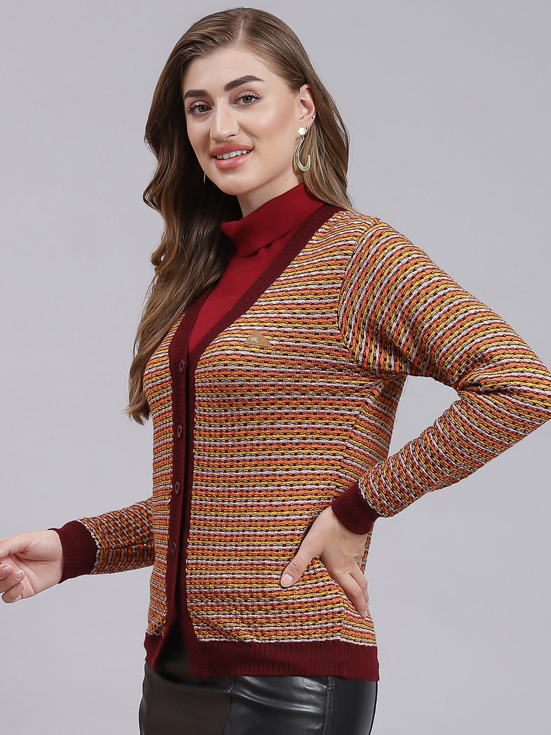 Women Maroon Jaquard Pure wool Cardigan