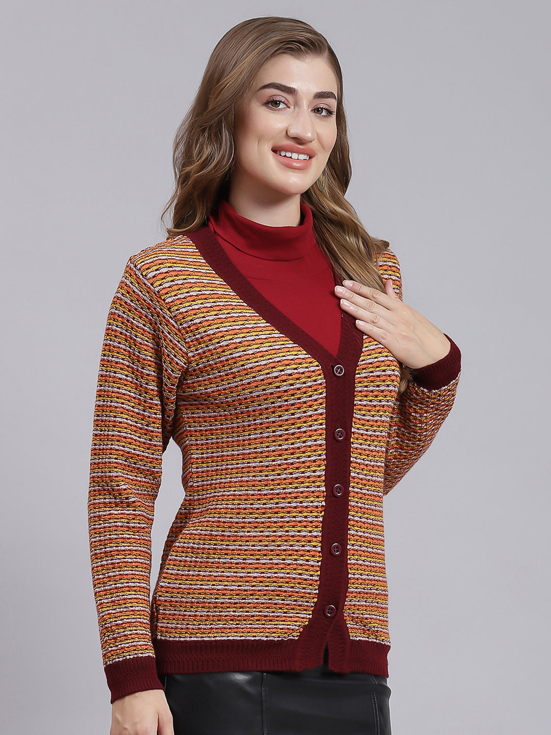 Women Maroon Jaquard Pure wool Cardigan