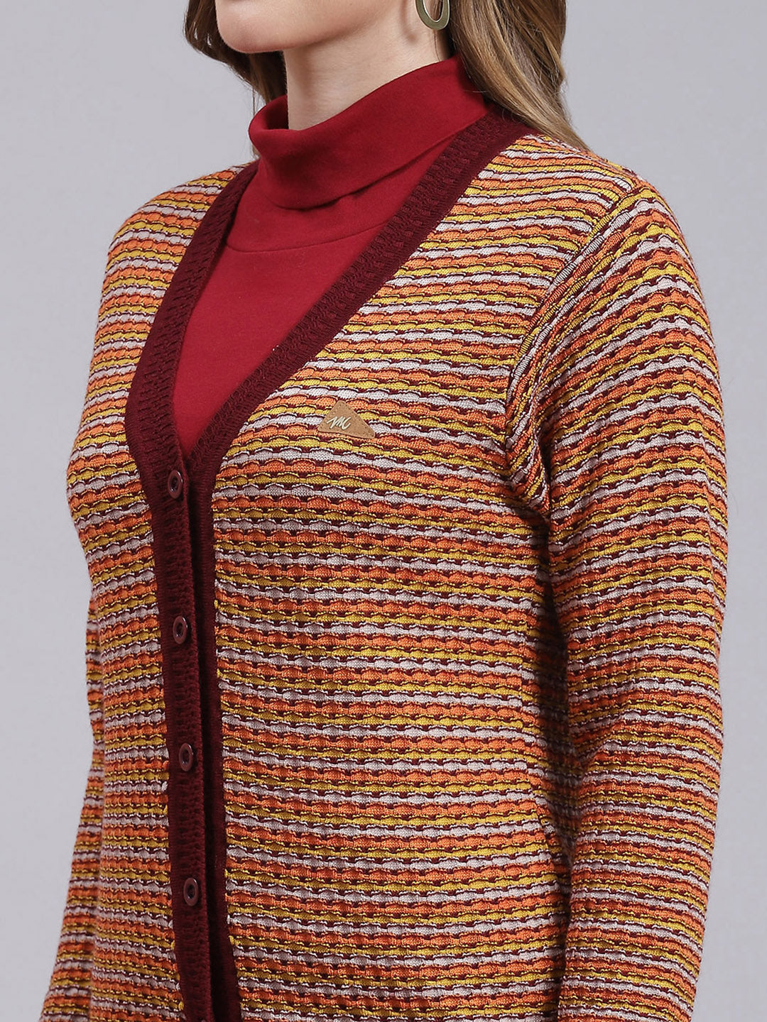 Women Maroon Jaquard Pure wool Cardigan