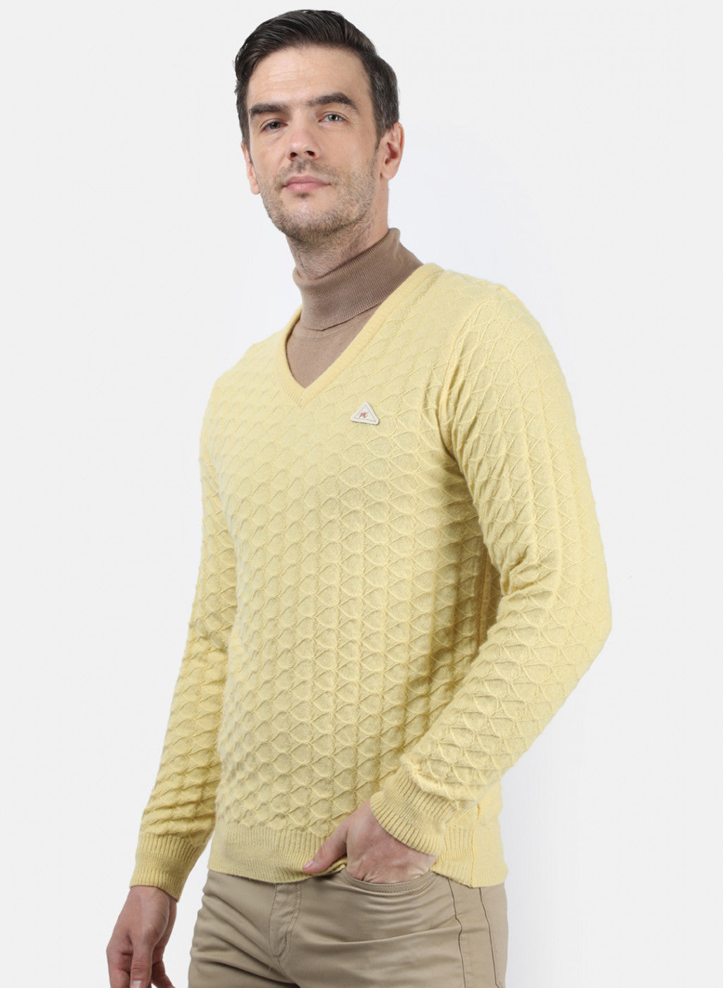 Men Yellow Self Design Pullover