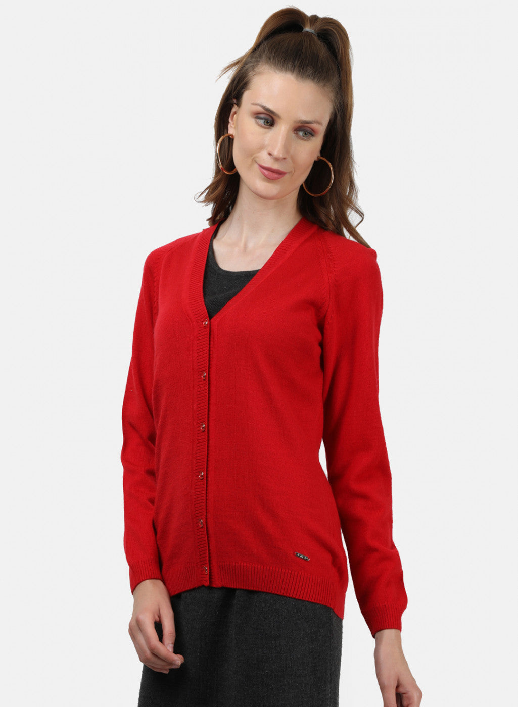 Women Red Solid Cardigan