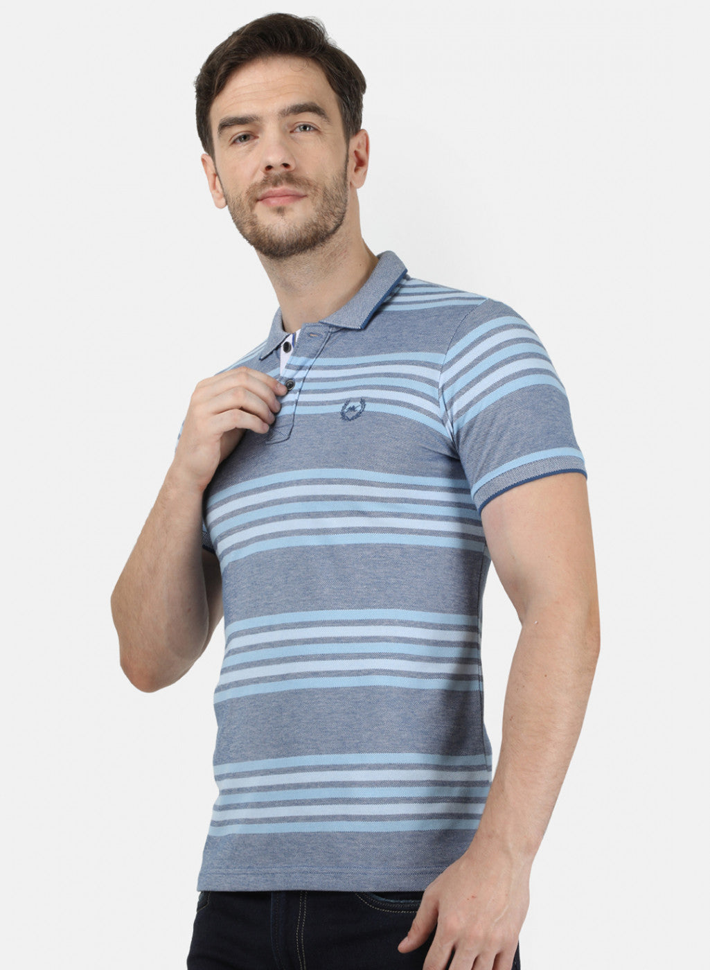 Mens Sky Blue Stripe Collar T-Shirts