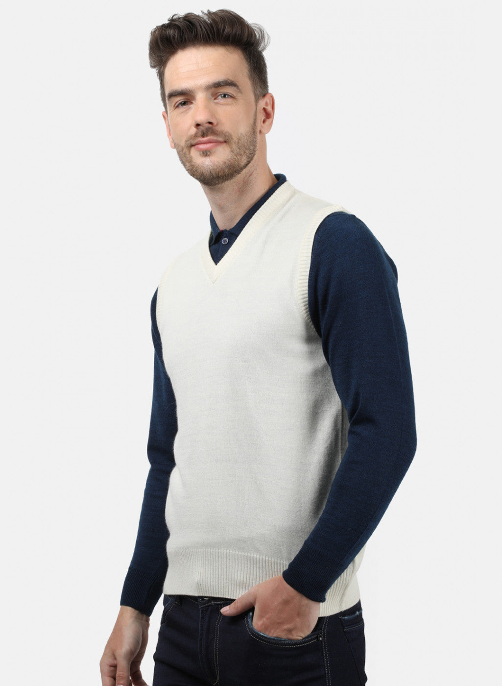 Men Off White Solid Sweater