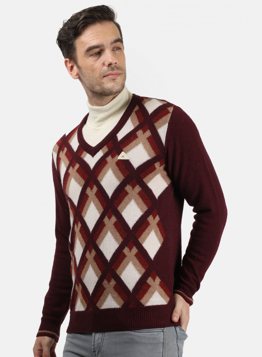 Men Brown & White Solid Pullover