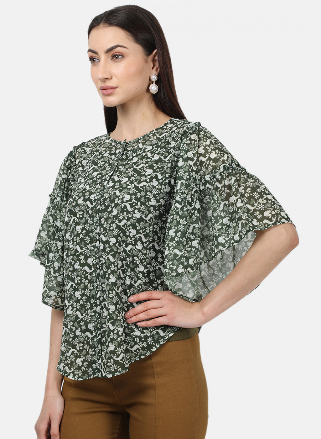 Womens Green Printed Tops