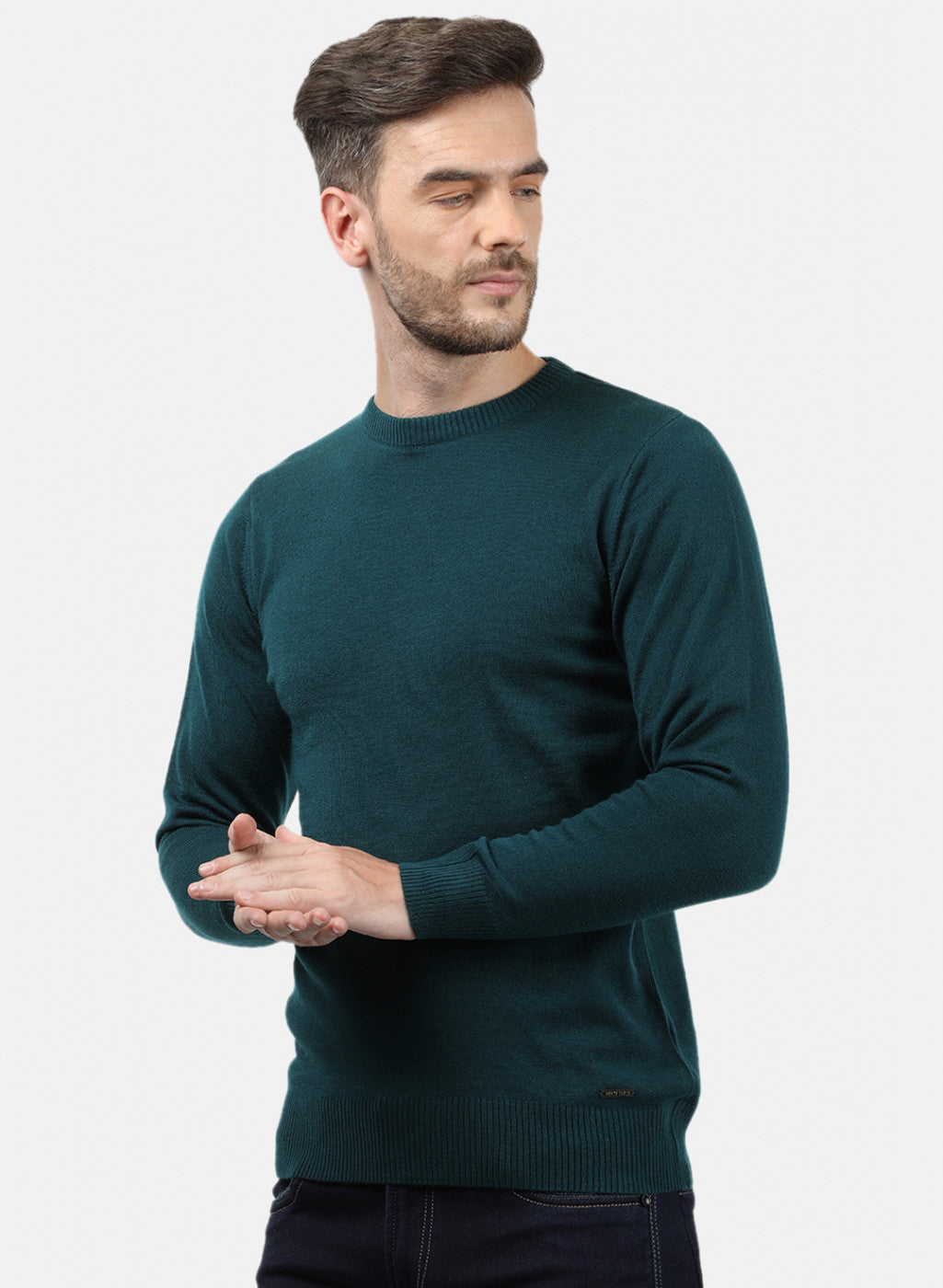 Men Bottle Green Solid Pullover