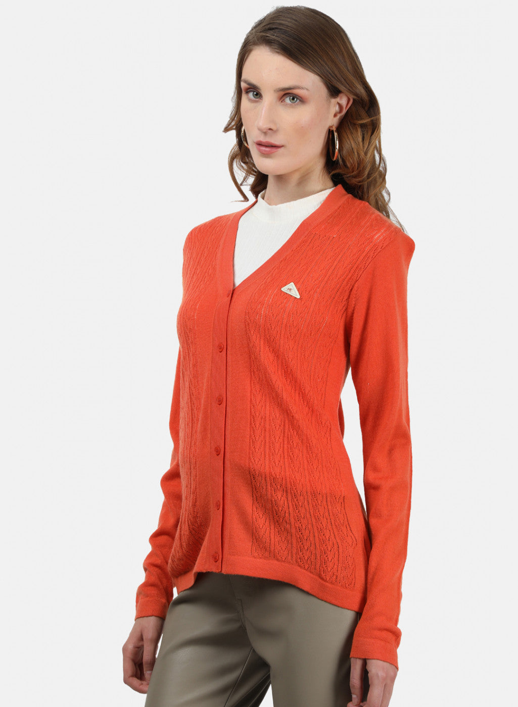 Women Orange Self Cardigan