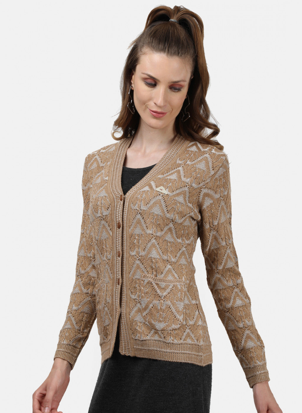 Women Brown Self Cardigan