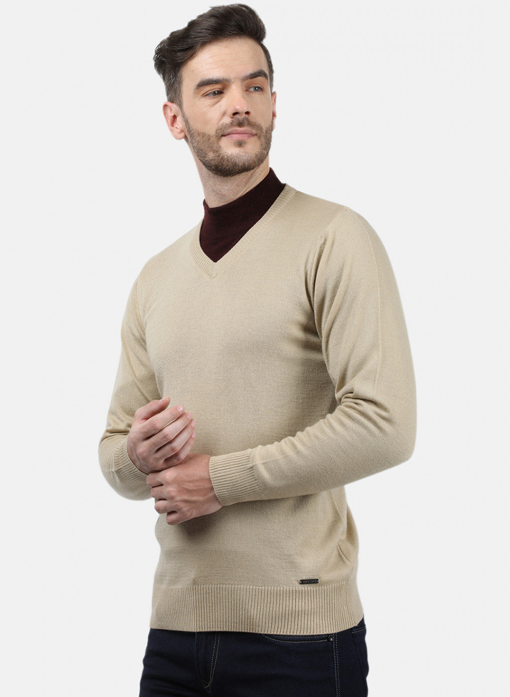 Men Beige Solid Pullover