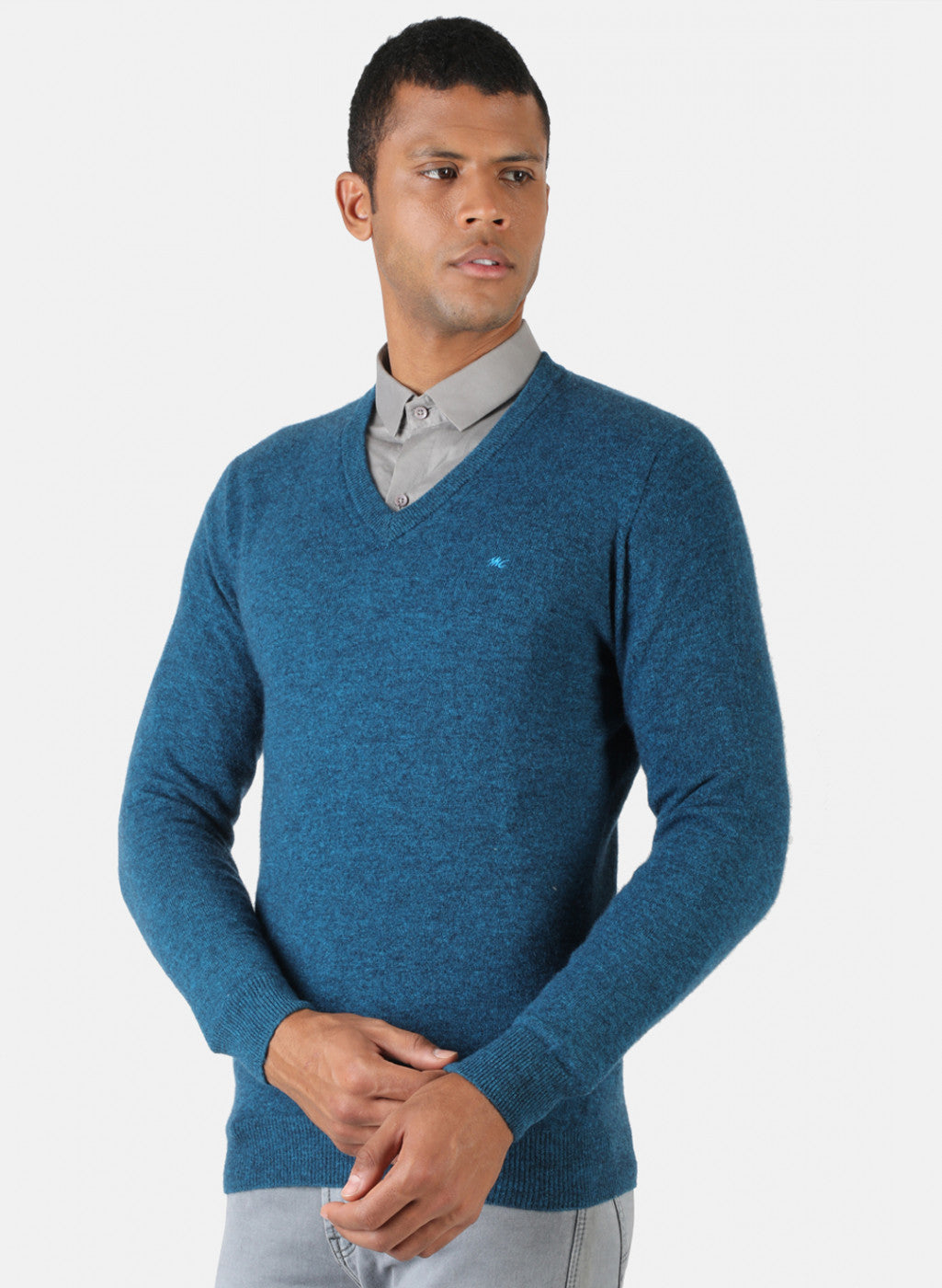 Men Blue Melange Solid Pullover