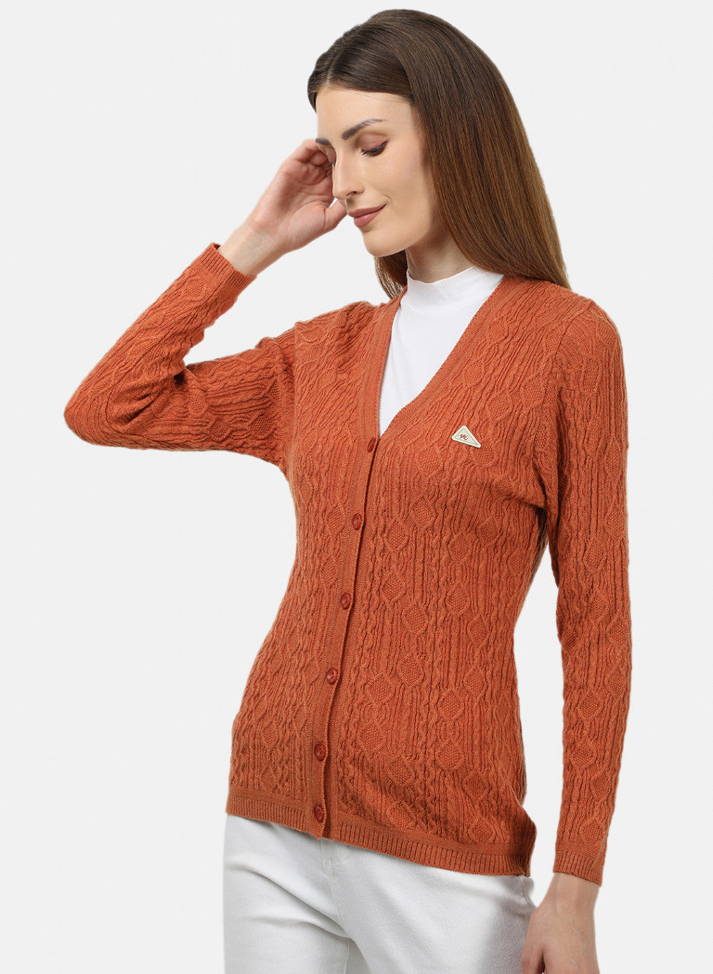 Women Orange Self Design Cardigan